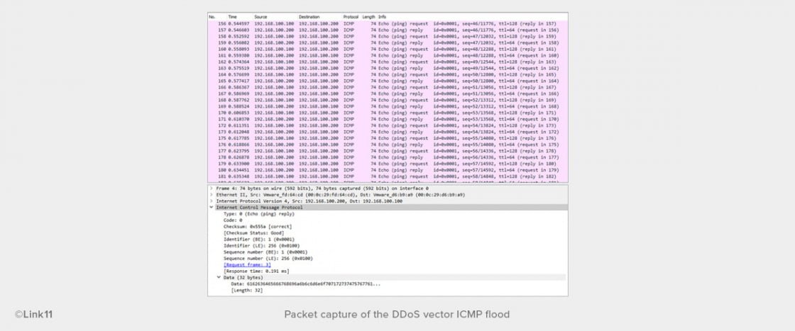 Packet capture of the DDoS vector ICMP flood