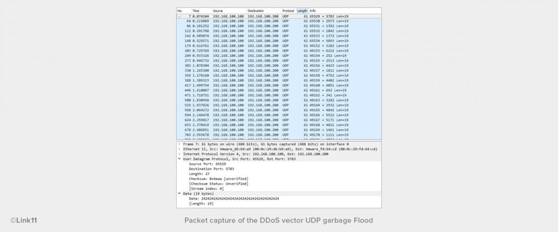 Packet capture of the DDoS vector UDP garbage Flood